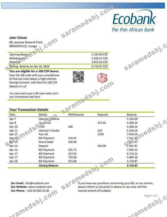 Congo Ecobank bank statement
